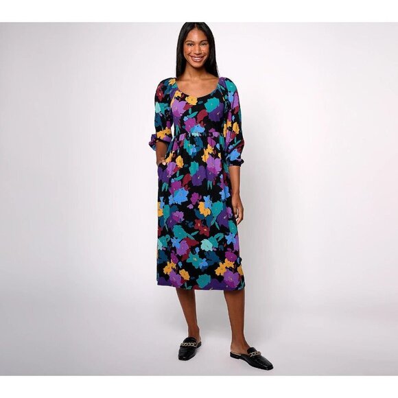 AnyBody Petite Daydreamer Knit Printed Dress with Smocking Black Floral Pet S - Picture 1 of 1